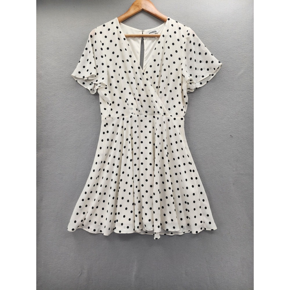 Express Polka Dot Mini Dress White Black Flutter Sleeve Wrap V-Neck SZ 12 Retro